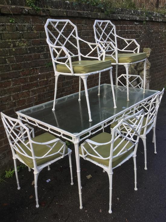 White painted simulated bamboo table, with glass top & six chairs